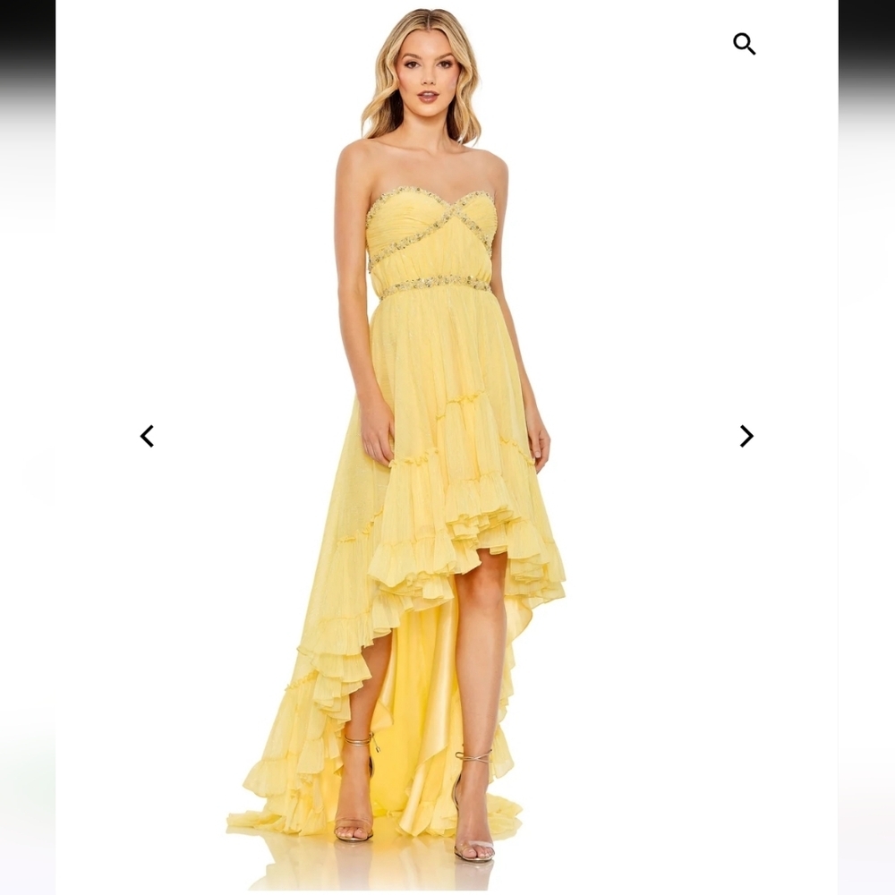 Mac Duggal Butter Yellow Beaded Ruffle High Low Gown Womens Size 6 New